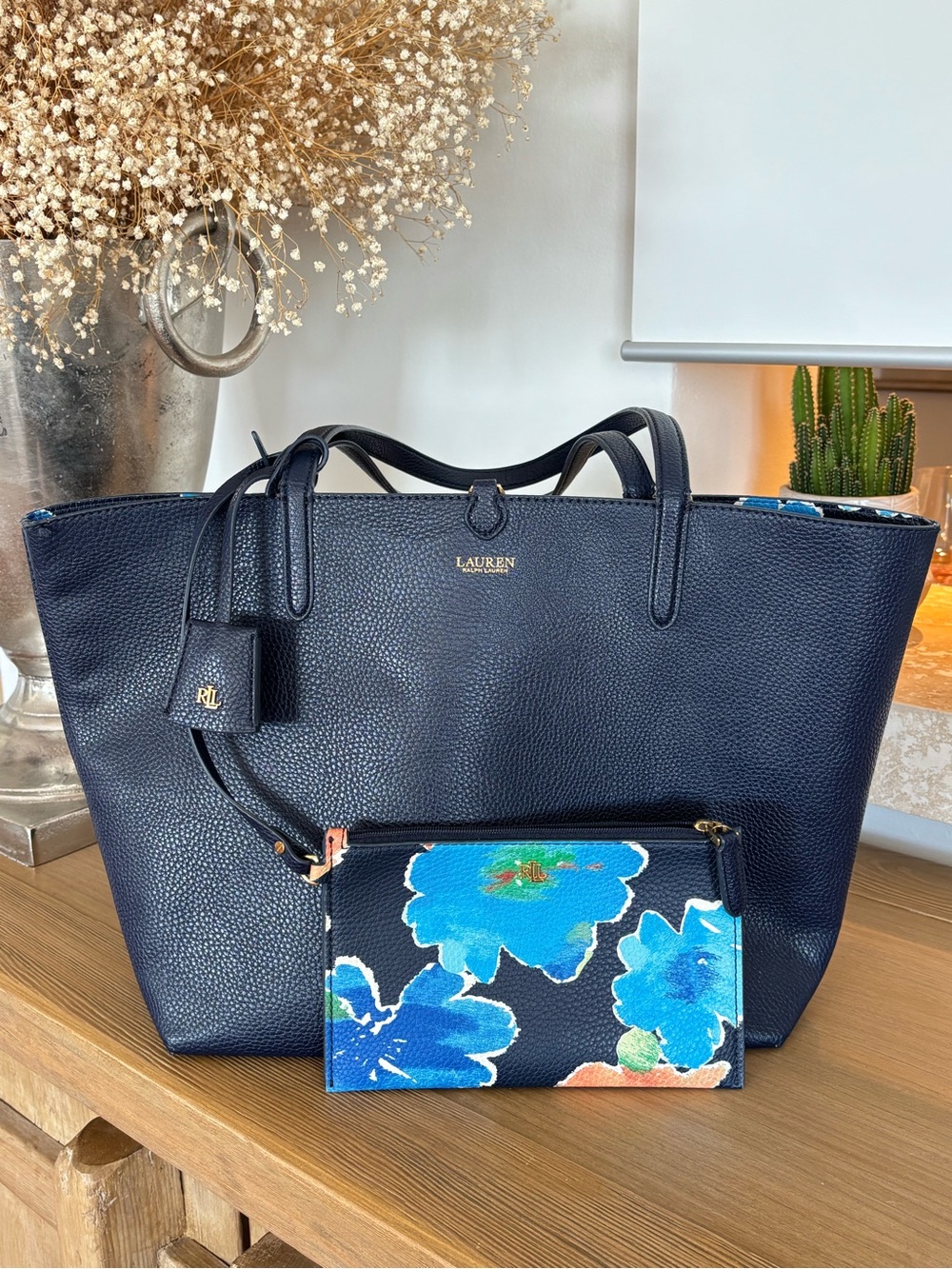 Lauren Ralph Lauren Reversible Floral Pebbled Tote Bag Resort Pouch LRL Autumn